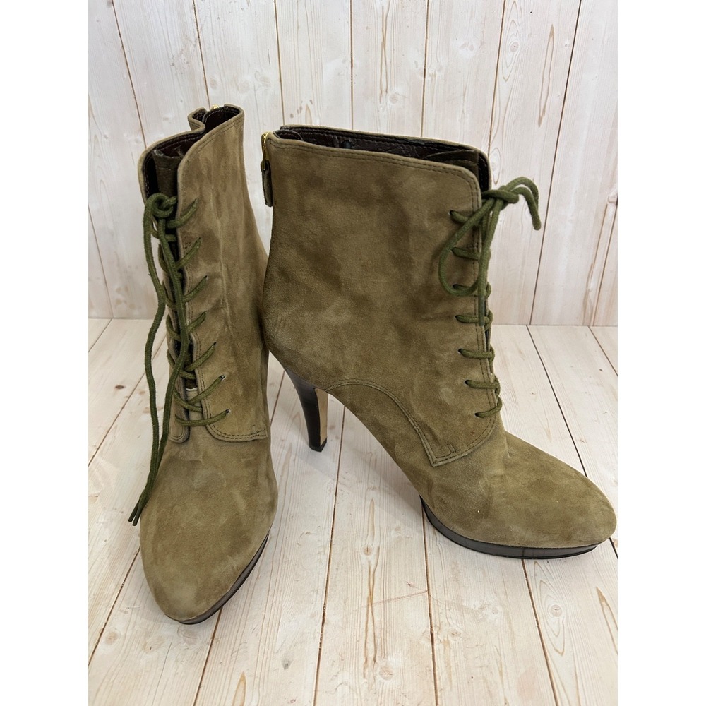 Franco Sarto Octive Leden Lace Up Almond Toe Stiletto Heeled Booties‎ Sz 8